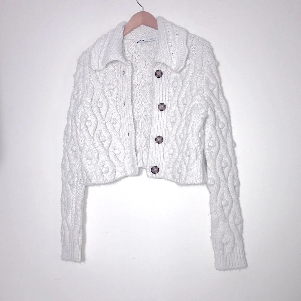 Cozy Cable Knit Button-Front Cream Sweater - Picture 9 of 12